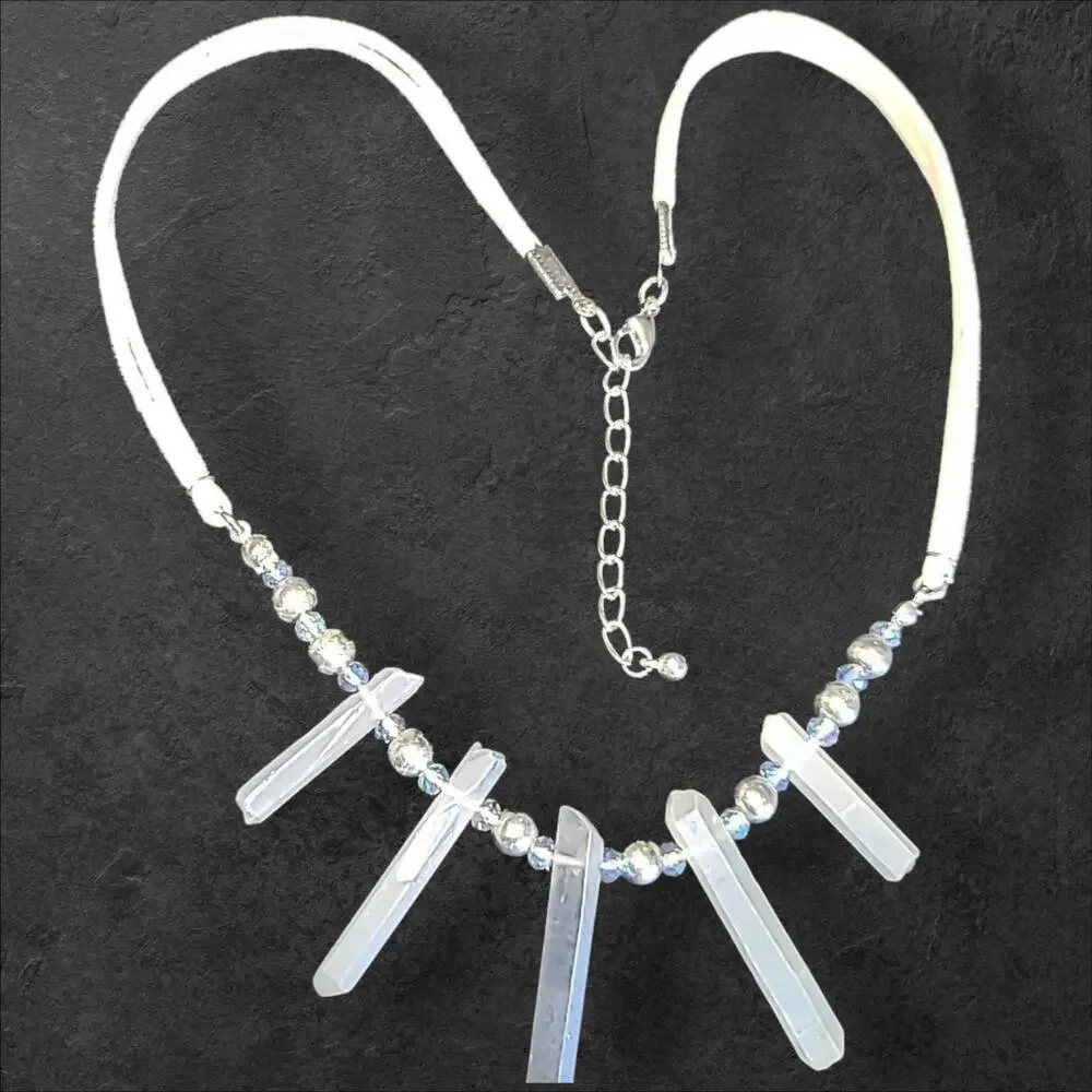 Blue Crystals Beige Faux Leather Statement Necklace 16